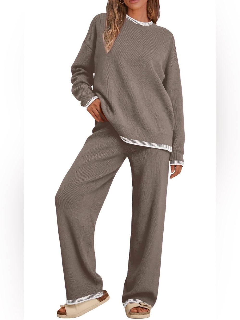 LILLUSORY 2 Piece Knit Lounge Sets Womens Matching Sweater Set - Mocha Large